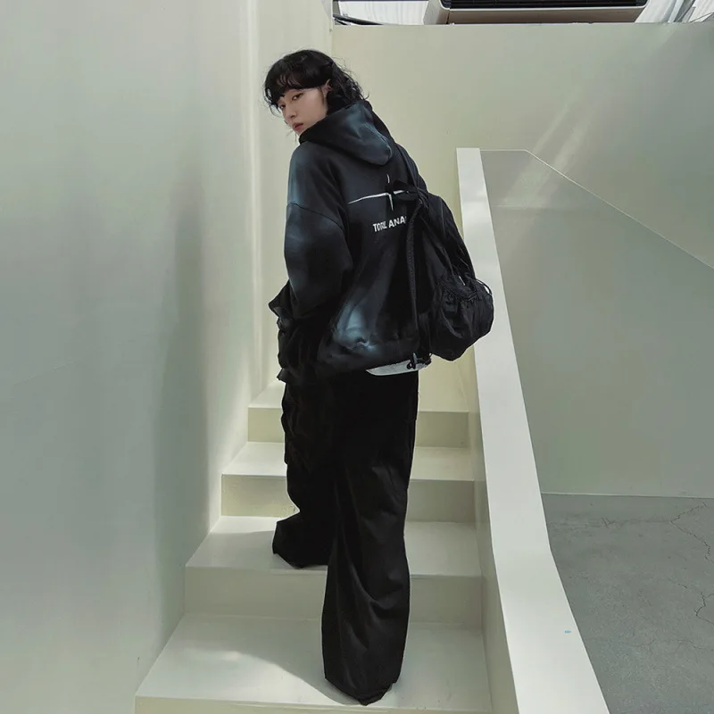 معطف بقلنسوة من الصوف المتدرج للرجال Y2k، سترة بسحاب مزدوج على الطراز الكوري، سترات كبيرة الحجم بغطاء للرأس #4