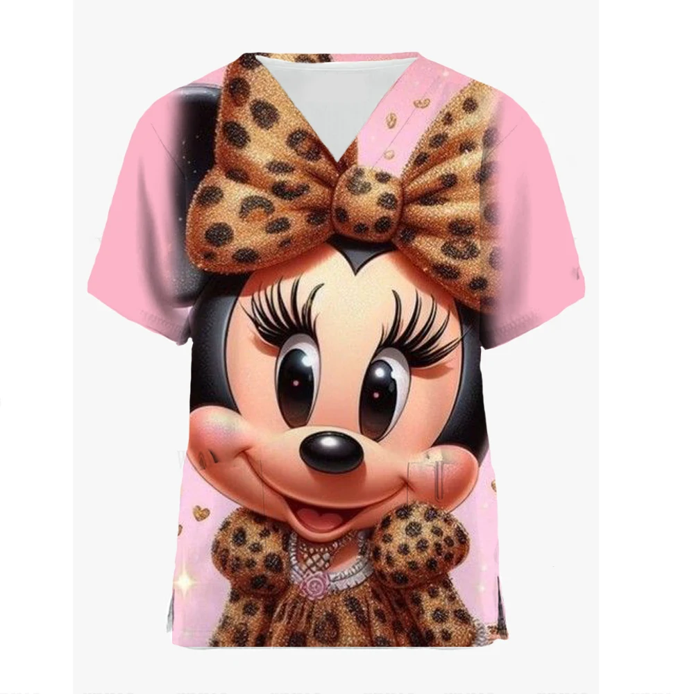 2024 Disney Pocket Hospital Woman Clothes Nurse Uniform Tees Women\'s T-shirts Mickey Top Women V Neck T-shirt Minnie Mouse Tops