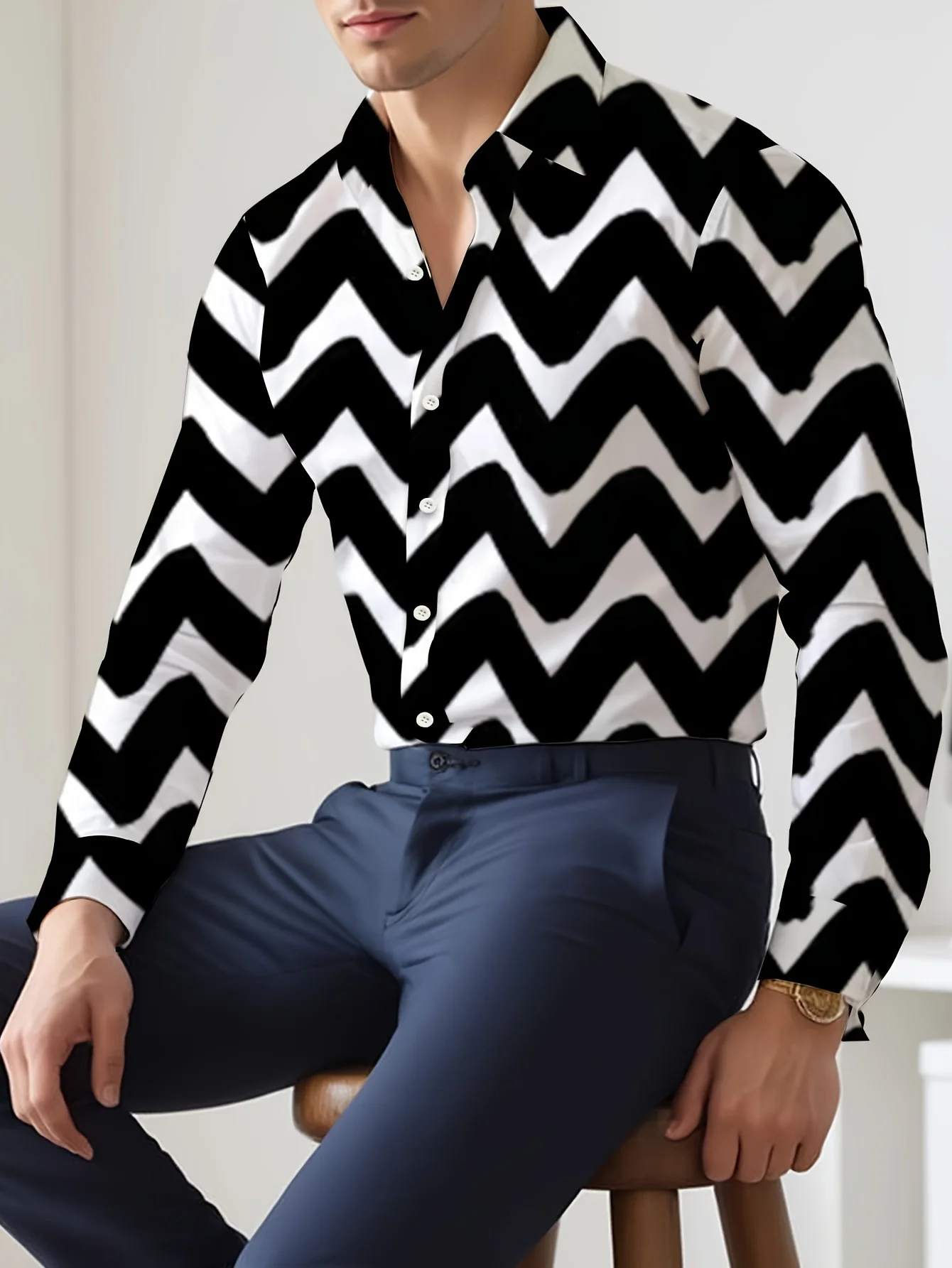 

Men'S Festive Christmas Snowflake Shirt - Blue with White Snowflake Pattern, Long Sleeve, Lapel Collar, Regular