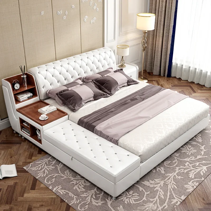 

European Pretty Modern Double Bed Frame White Elegant Light Luxury Leather Bed Princess Villa Cama De Casal Bedroom Furniture