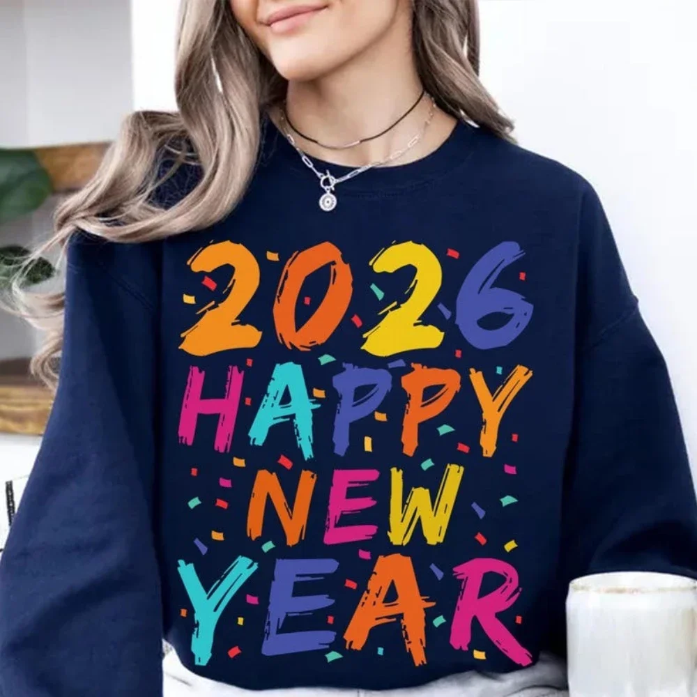 Happy New Year 2026 Sweatshirt Colorful Confetti NYE Clothing Family Celebration Gift Apparel Women Casual Fashion Pullover