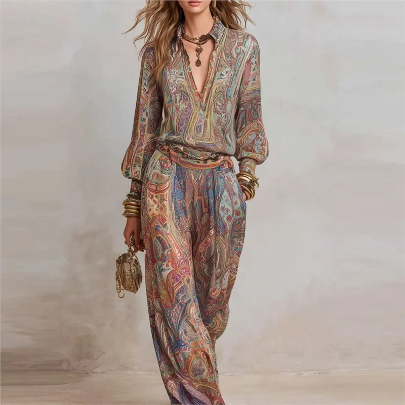 

Women's BohoTwo-Piece Set V-Neck Long Sleeve Blouse Top Wide Leg Pants Casual Loose Suit for Vacation