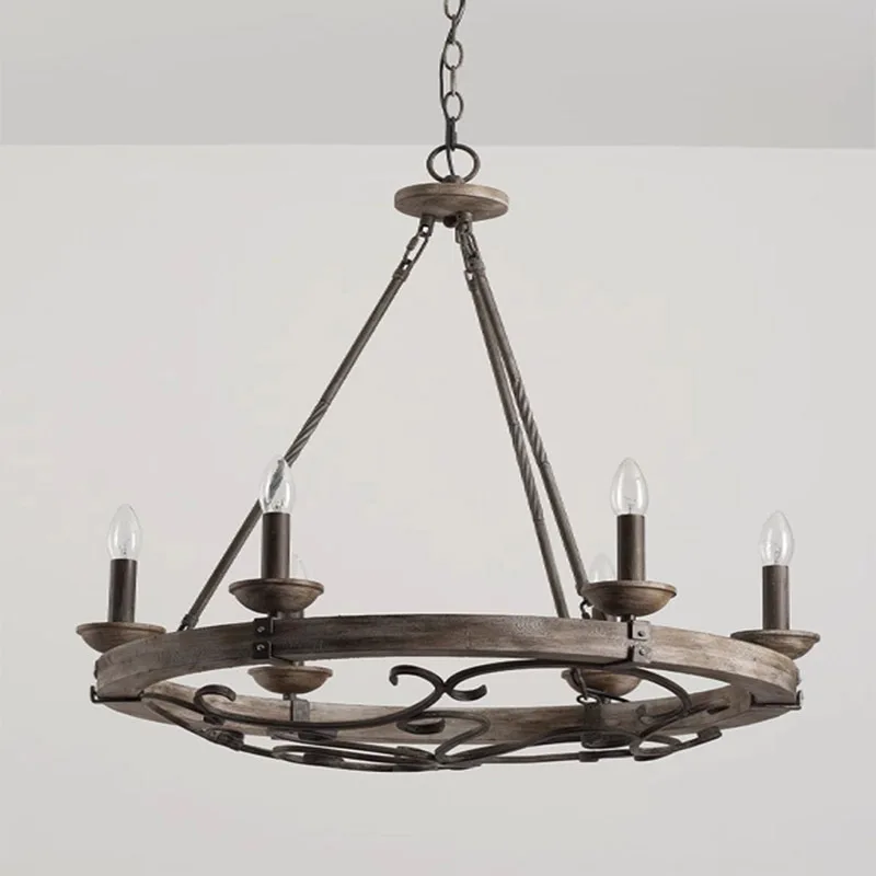 โคมไฟระย้าล้อไม้สไตล์อเมริกันย้อนยุคอุตสาหกรรม ห้องนั่งเล่น ไฟห้องรับประทานอาหาร ไฟห้องนอน ไฟวิลล่า