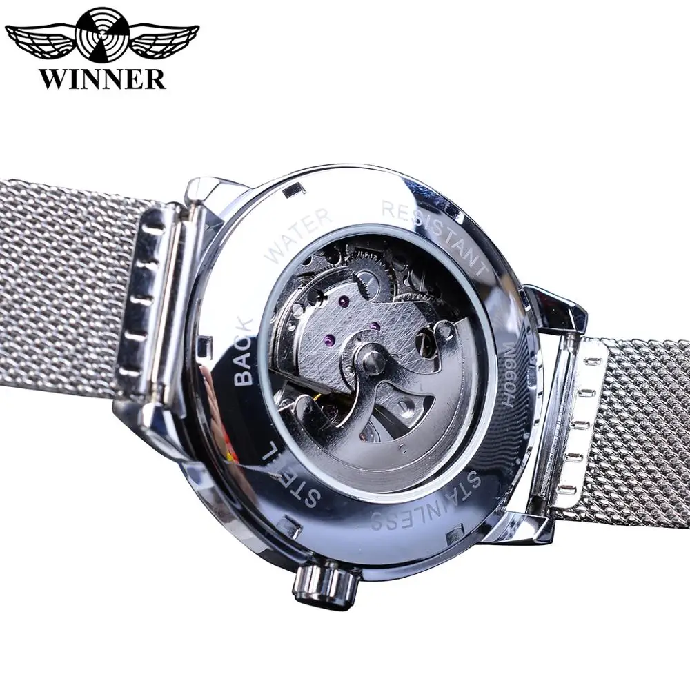 Fashion Winner Top Brand Silver Mechanical Automatic Men\'s Skeleton Mesh Band Steampunk Transparent Stainless Steel Sport Watch