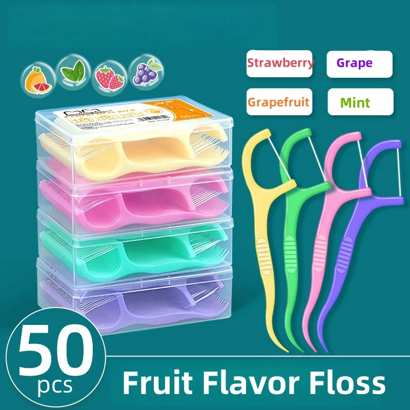 50pcs/pack Dental Floss Picks Individual Pack Fruit Flavor Floss Toothpick Oral Cleaning Mint Strawberry Grape Grapefruit Flavor