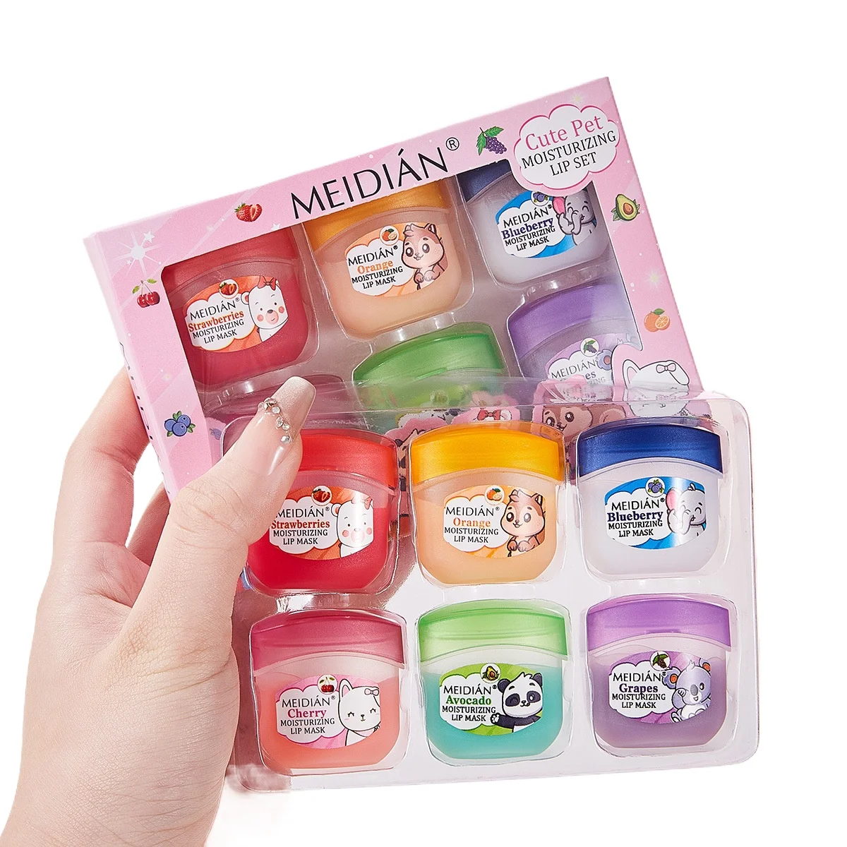 6 Pcs Avocado Lip Balm Set Moisturizing Nourishing Fade Lip Lines Orange Blueberry Strawberry Cherry Grape Lip Balm