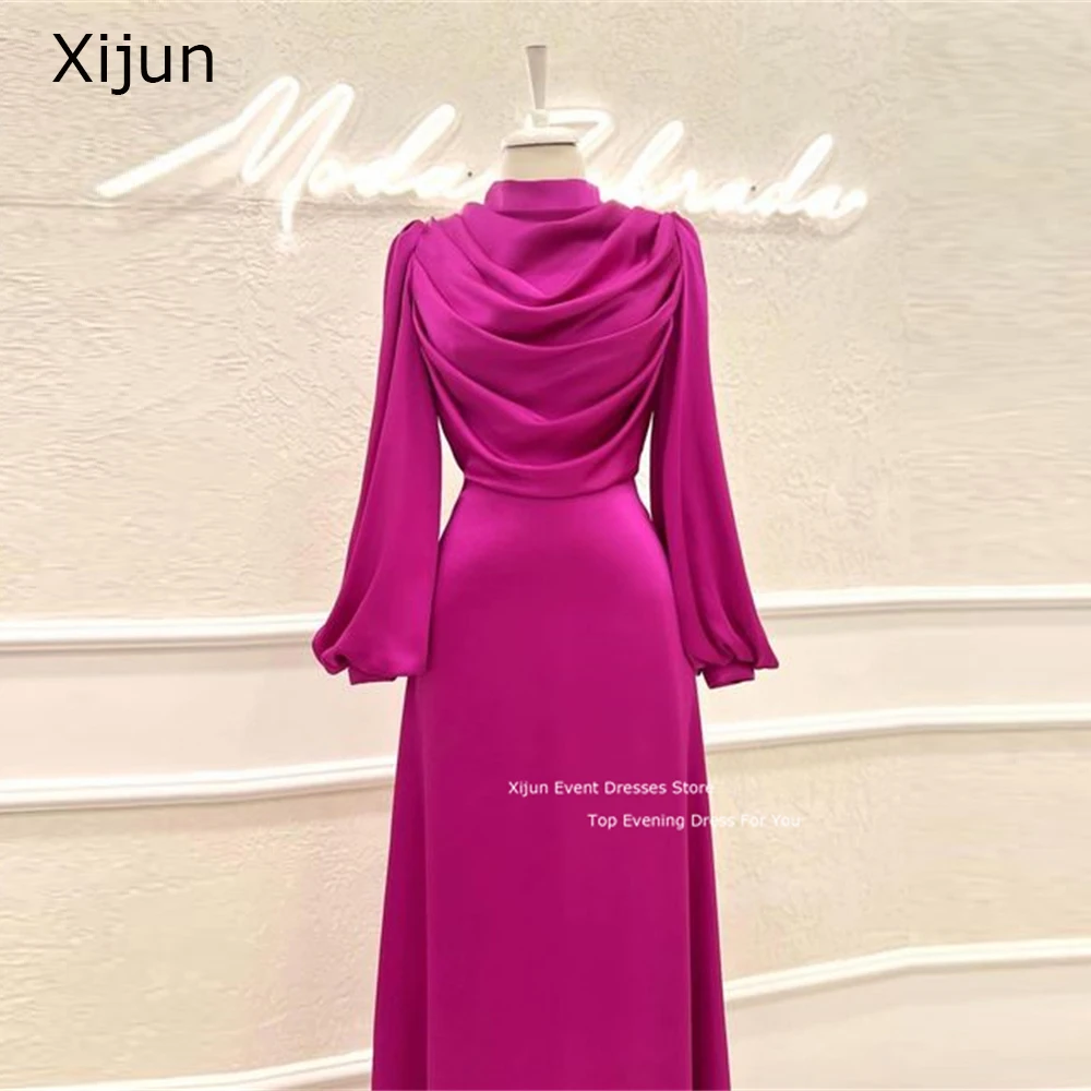 Xijun Simple Prom Gowns Satin Evening Dresses Prom Dress Modest Saudi Arabic Moroccan Kaftan Long Sleeves A-Line Party Dress 202