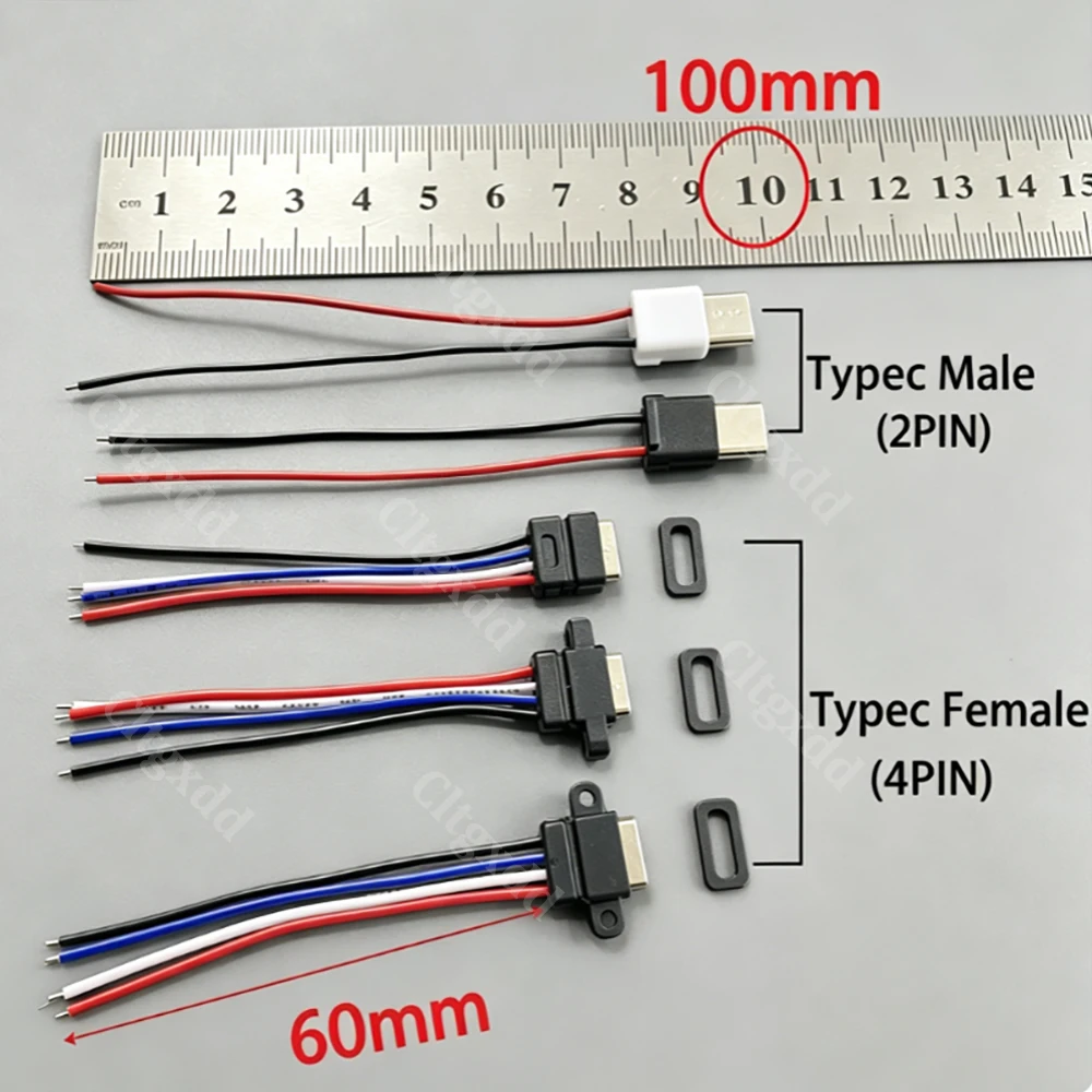1/2/5PCS USB-C Male & Female Waterproof Connector With 2PIN-10mm/4PIN-60mm Cable For Electric Bicycles Scooters And Smartwatches