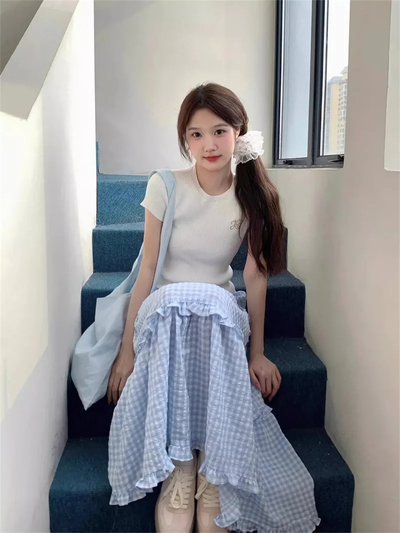 2025 Duży rozmiar damski letni nowy przedmiot, gruba mm francuska słodka koronkowa spódnica w kratę z temperamentem, długa spódnica z wysokim stanem dla kobiet