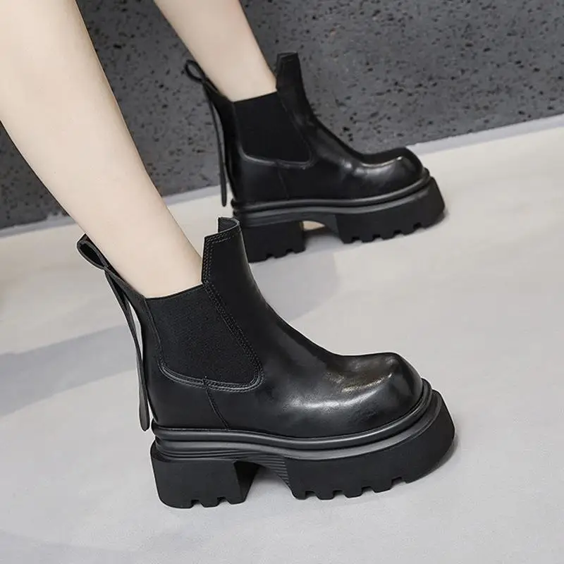 

Genuine Leather Boots Chelsea Short Boots Thick Heel Inner Heightening 10cm Smoke Tube Boots Casual Waterproof Platform