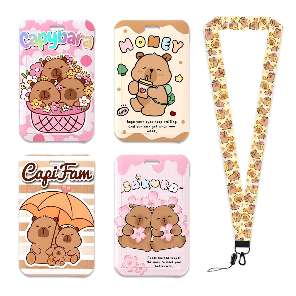 Cartoon Capybara Cute Lanyards Keychain Animated Cute Badge Holder ID Credit Card Pass Hang Rope Lanyard Keys Accessories Gifts