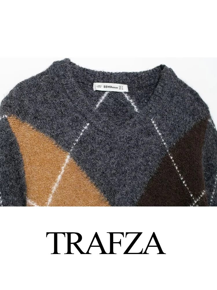 TRAFZA Women Autumn Winter Fashion Plaid Contrast Print V-Neck Long Sleeve Sweater Female Elegant Casual Pullover Sweater Mujer