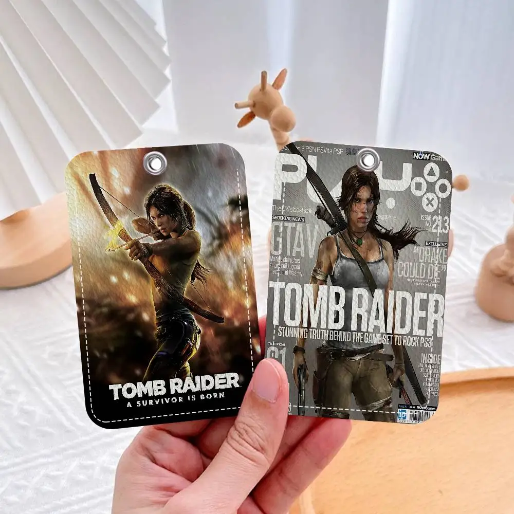Game T-Tomb Raider Lara Rectangle ID Card Case Keychain Access Card Bag Key Tag Ring Leather Card Holder Key Ring Access