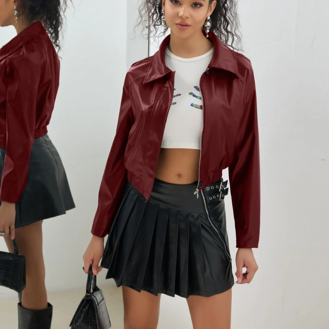 Faux Leather Short Coat Retro Women's Zipper Lapel Long Sleeve Jackets Female 2026 New Autumn Fashion High Street Jackets
