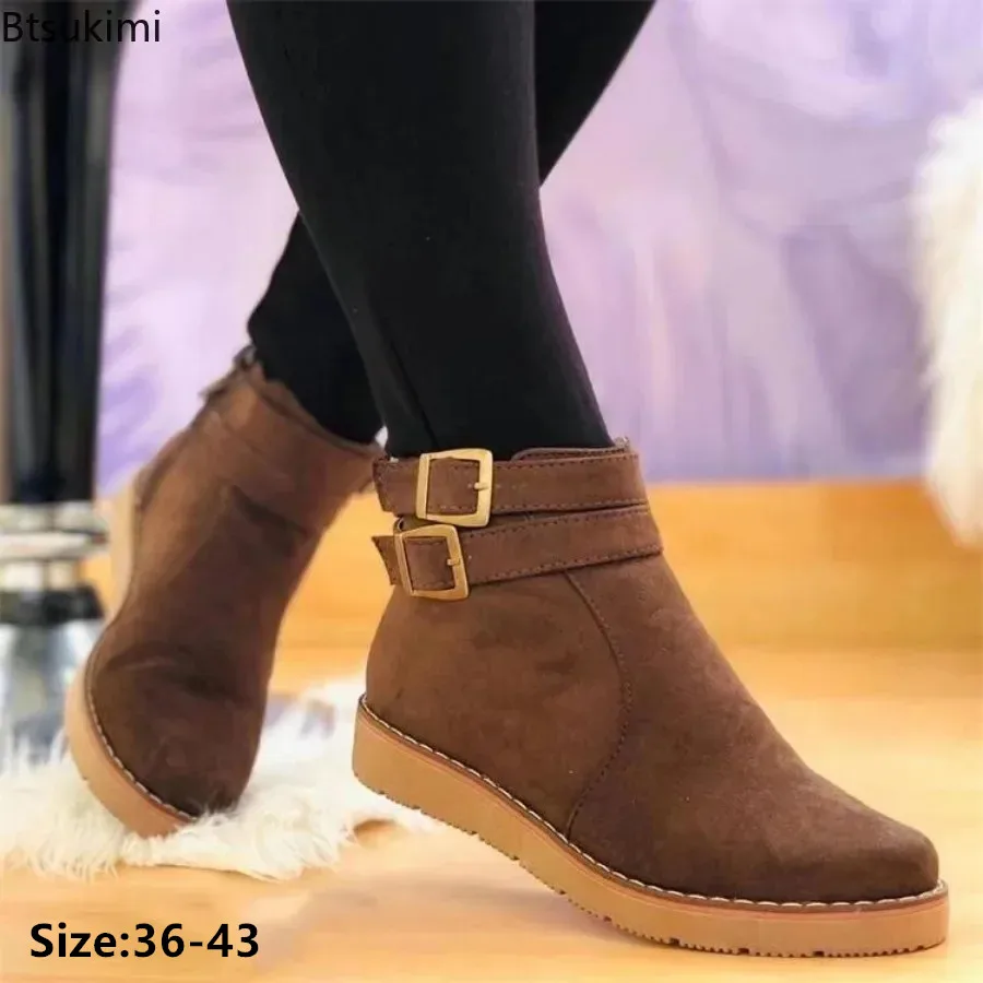 

New 2024 Women's Large Size Short Boots Autumn Winter Thick Sole Belt Buckle Design Solid Short Ankle Boots Female Martin Boots