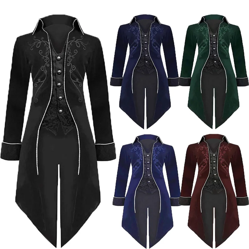 Steampunk Medieval Cosplay Costumes Men Vintage Velvet Turn Down Collar TailCoat Jacket Victorian Larp Viking Cosplay Jacket