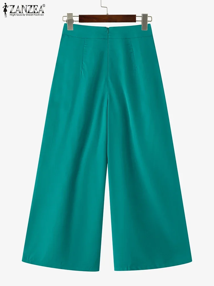 

ZANZEA Elegant Long Trousers Summer 2024 Solid Color Women Wide Leg Pants Casual Pleated Pantalon Fashion High Waist Pants