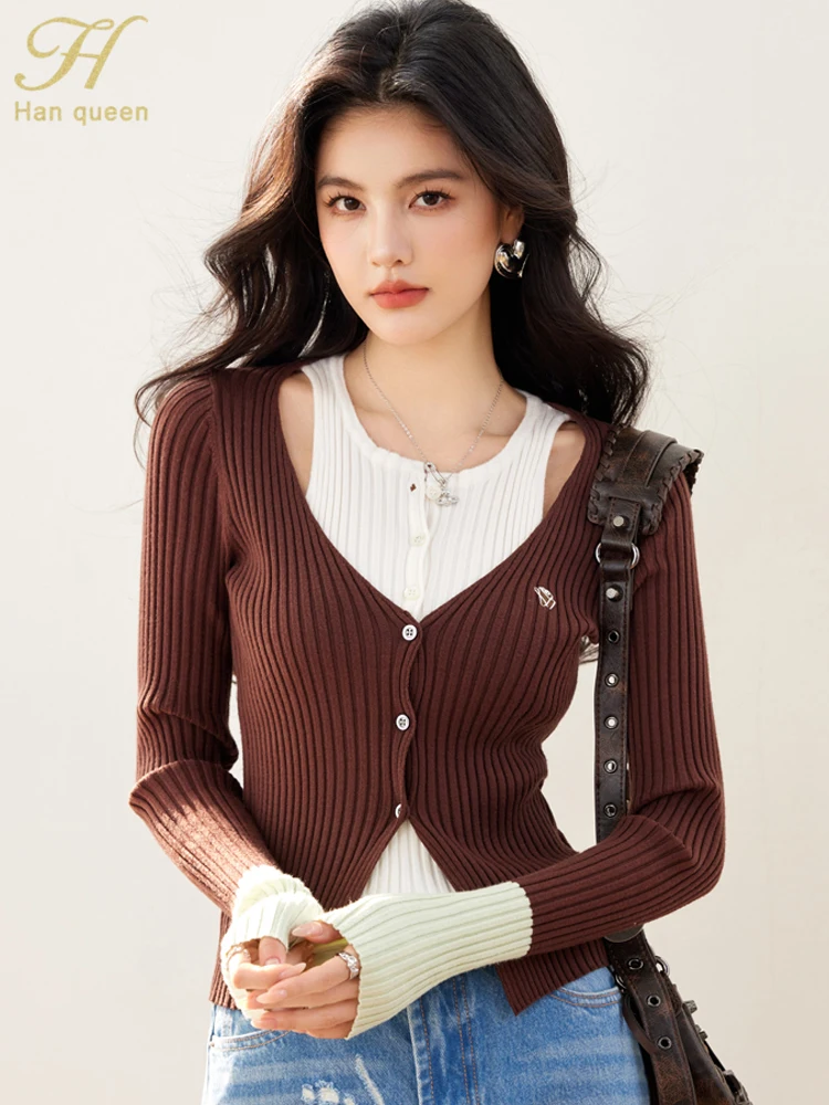 

H Han Queen, новый осенний корейский пуловер контрастных цветов, женская одежда, повседневные винтажные топы с круглым вырезом и длинными рукавами