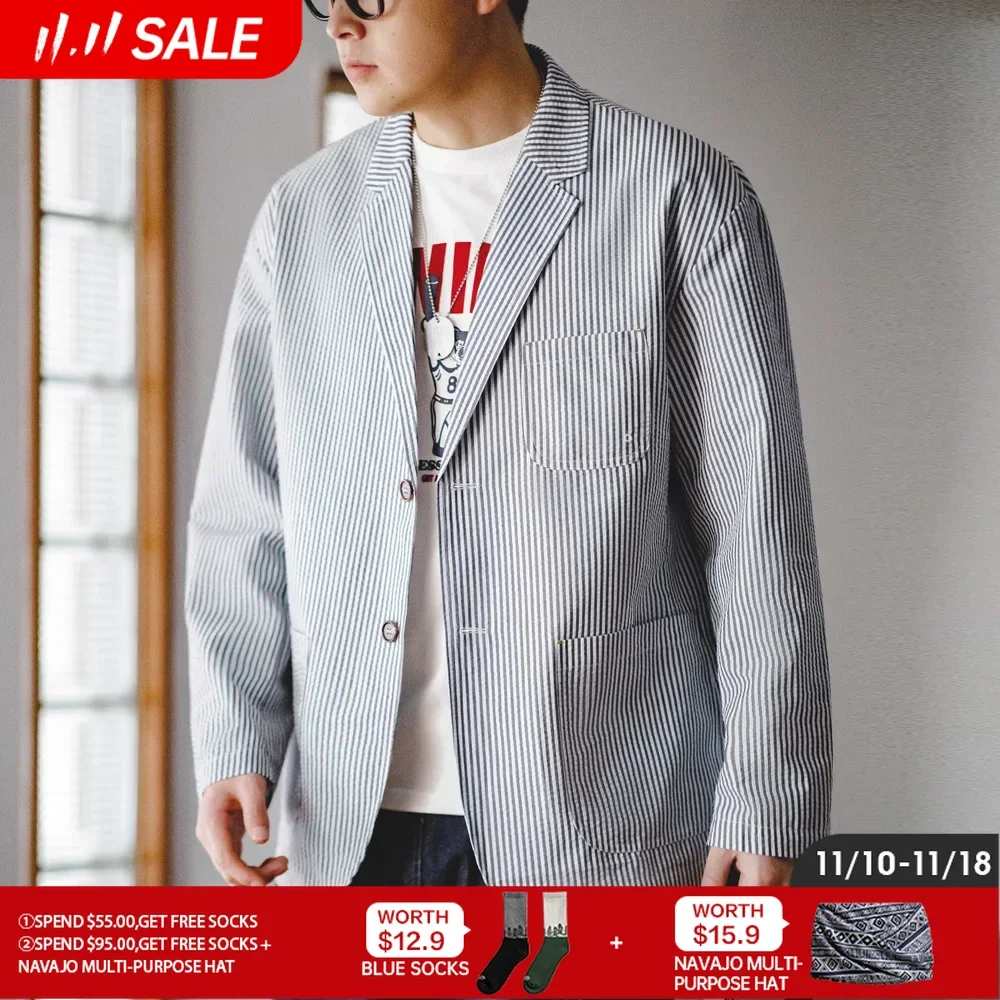 

Maden 2024 New Vintage Casual Seersucker Striped Suit Jacket Cityboy Flat Lapel Loose Outwear for Men's Spring And Autumn