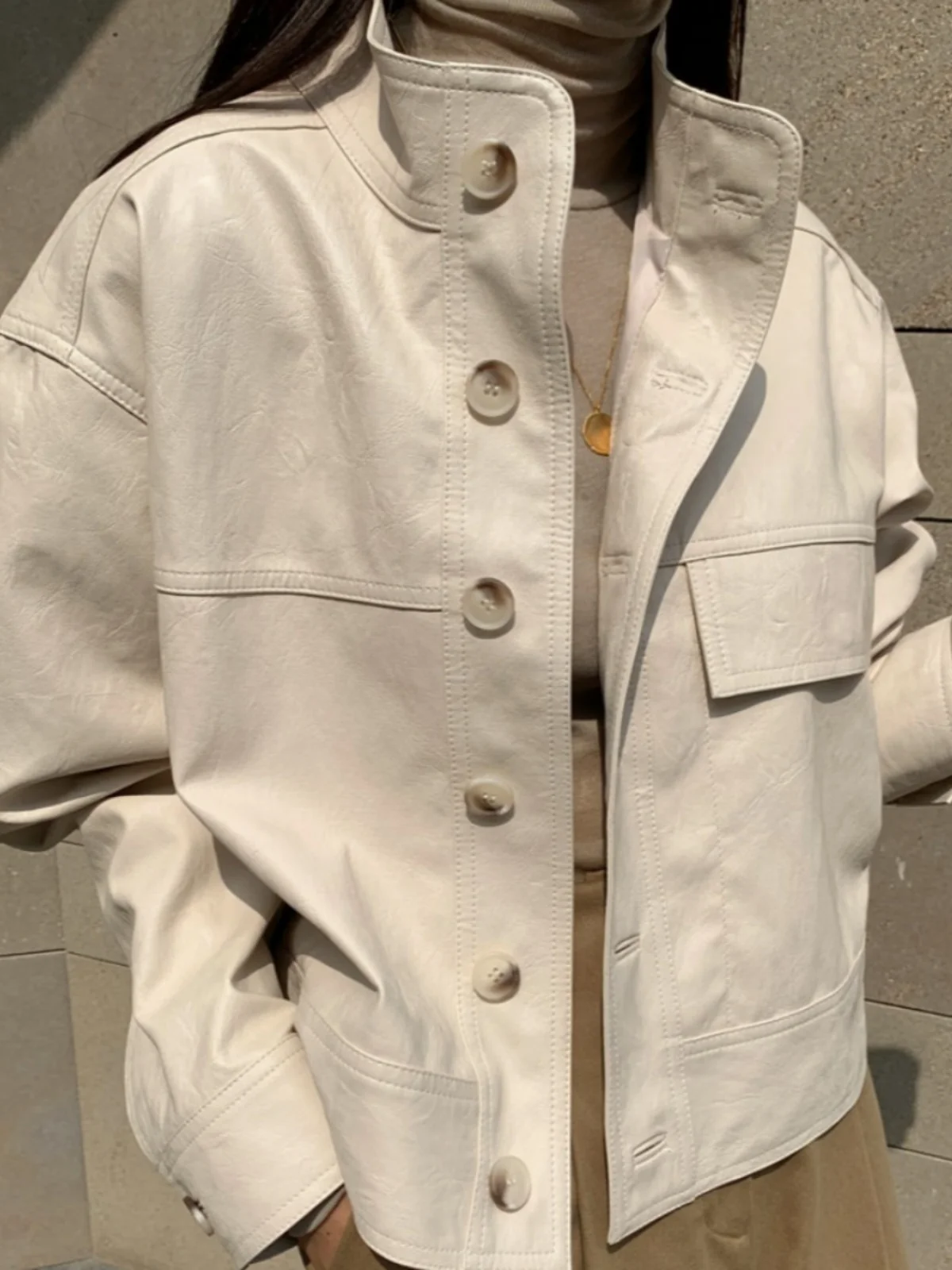 ファイオナブル モーターサイクル スレ レザー ジャケット レディース 秋冬 韓国風 トレンド ヘビーステッチ ハイカラートップ