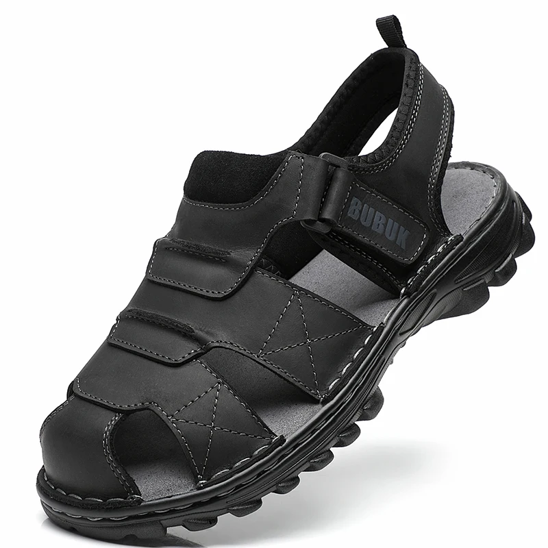 

Bubuk Men's First-Layer Cowhide Sports Outdoor Sandals, Adjustable Velcro Anti-Collision Toe Protection Hiking Shoes, Beach Shoes