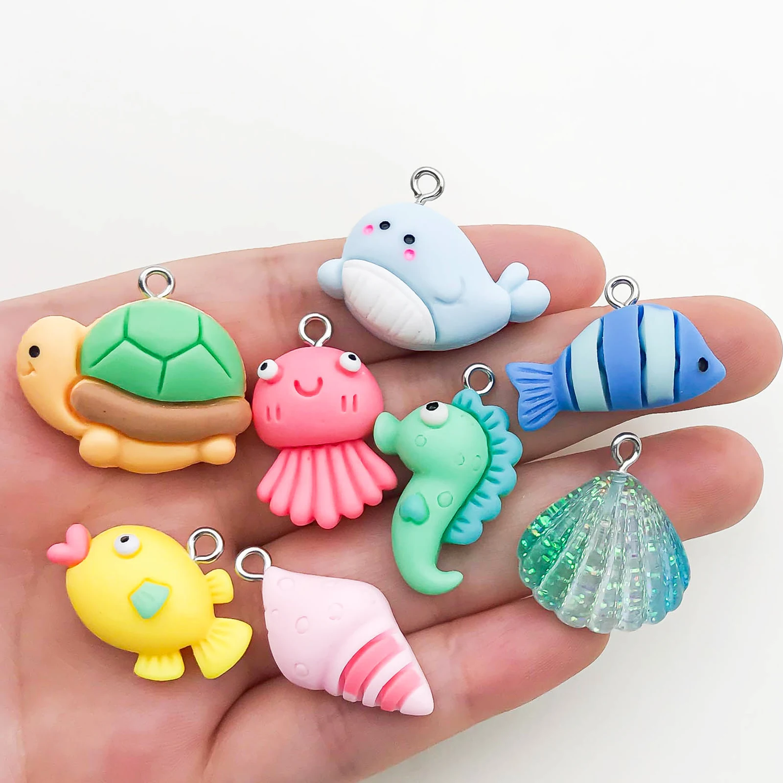 8Pcs Colorful Resin Fish, Turtle, Shell, Conch Shape Charms Small Pendant For DIY Handmade Jewelry Making Accessories