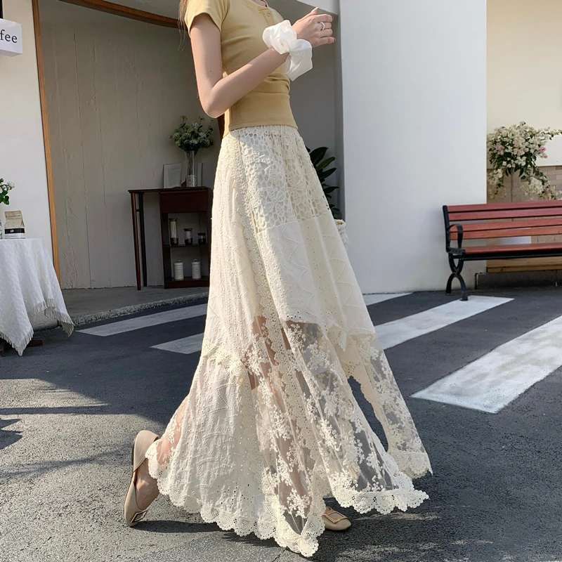 Retro Heavy Embroidery Hook Flower Lace Trim Splicing Mesh Asymmetrical Slit Half Skirt Women High Waist Long Skirt