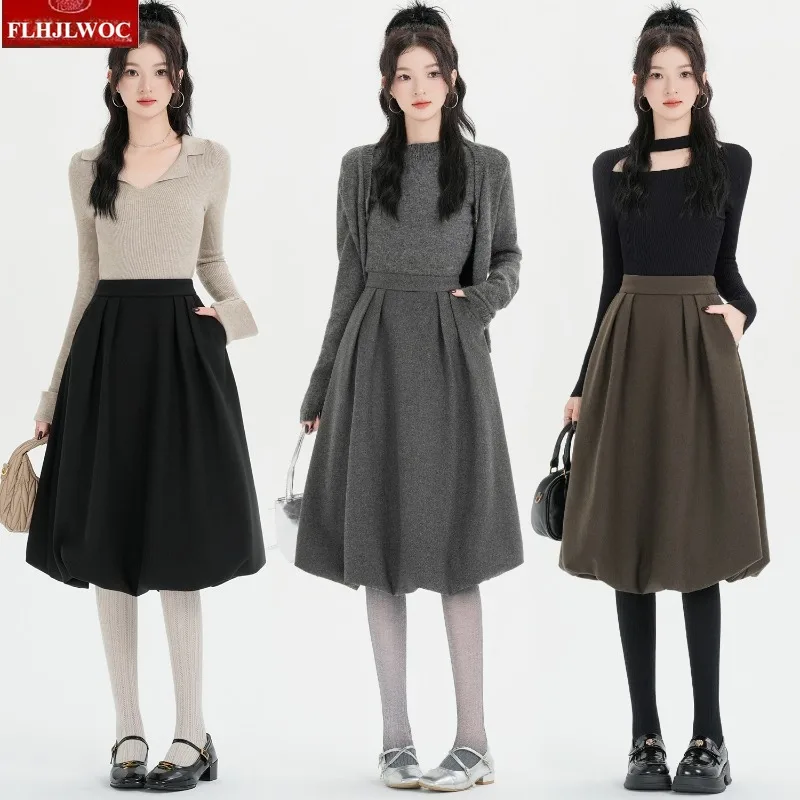 Puszysta Wełniana Spódnica Bufka Zima Wiosna 2026 Nowy Rok Urocza Słodka Japońska Dziewczęca Elegancka Damska Mała Czarna Spódnica do Kolan