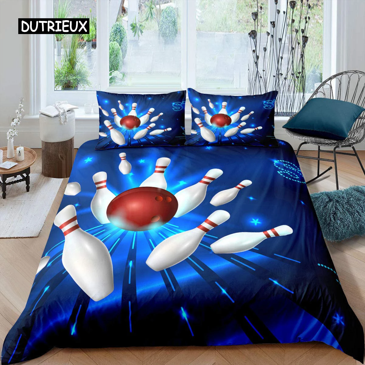 

Bowling Duvet Cover Polyester Sport Competition Quilt Cover Sports Games Starry Sky Blue Line Bedding Set Double Queen King Size