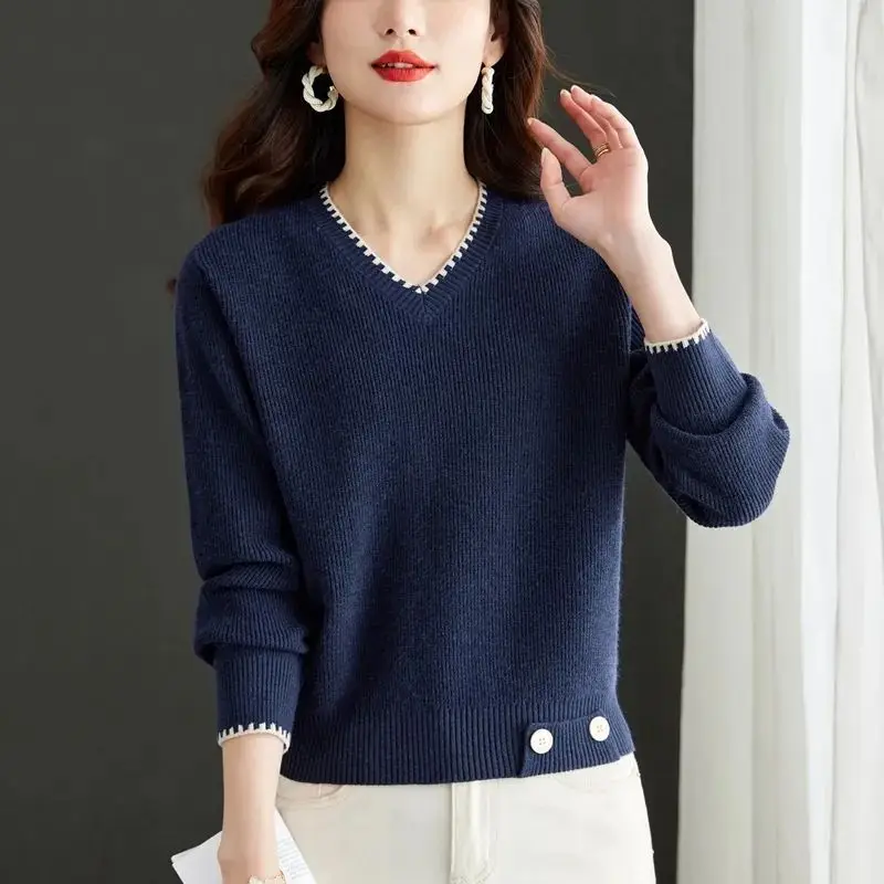 Autumn Winter Women\'s Solid Color V-Neck Pullover Button Long Sleeve Screw Thread Sweater Knitted Elegant Office Lady Tops