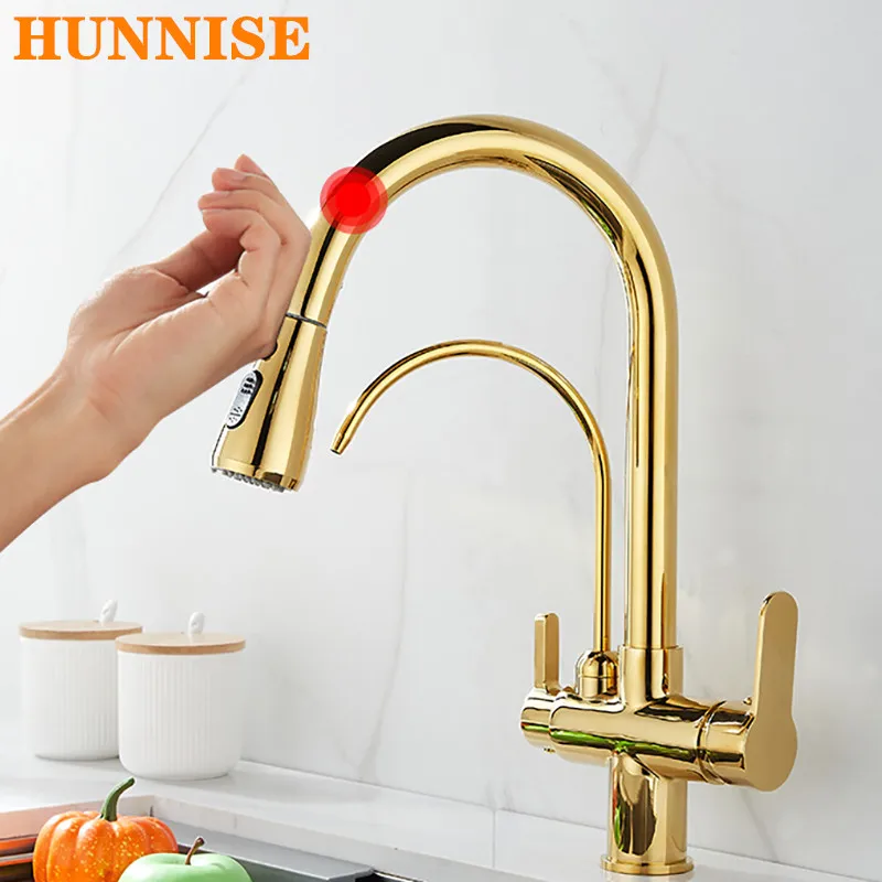 

Gold Touch Filter Kitchen Faucet with Pull Down Sprayer Hot Cold Pull Out Kitchen Sink Mixer Tap Sensor Touch Filter Kitchen Tap