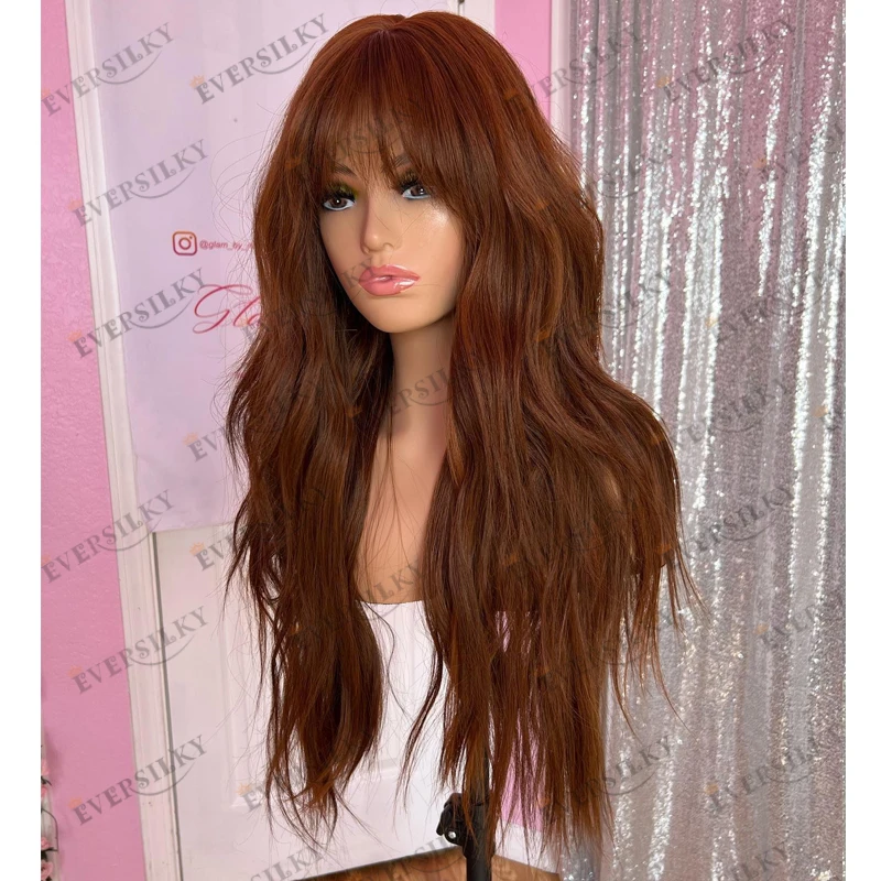 100% Remy Human Hair Copper Brown Long Wavy Soft Black Women Wigs Natural Fringe Curtain Bangs Pre Plucked 13x6 Lace Front Wigs