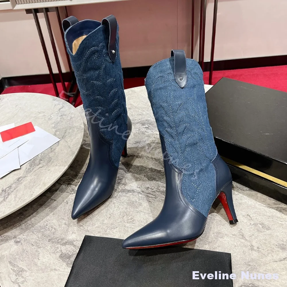 

Embroidered Western Cowboy Boots Women Pointed Toe Stiletto Heel Slip On Knee High Boots 2026 New Fashion Spliced Long ​​Boots