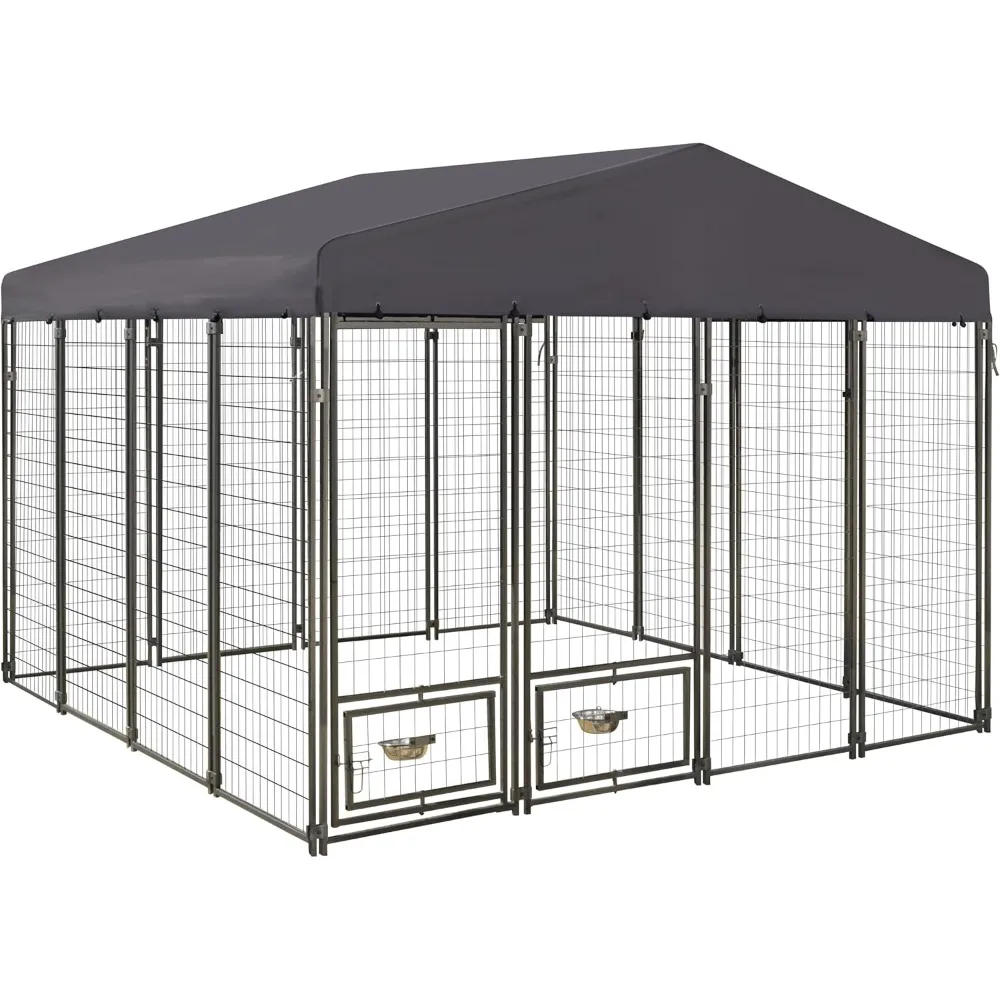 10'x 10'x 7.5 'outdoor large dog cage with feeding door, upgraded canopy, heavy-duty dog cage, powder coated steel frame