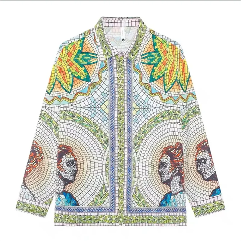 2025 Fashion Pria Mewah Ringan Lengan Panjang Bermotif, Kemeja Lengan Panjang Eksklusif untuk Pria dan Wanita, 100% Serat Poliester, Fashion