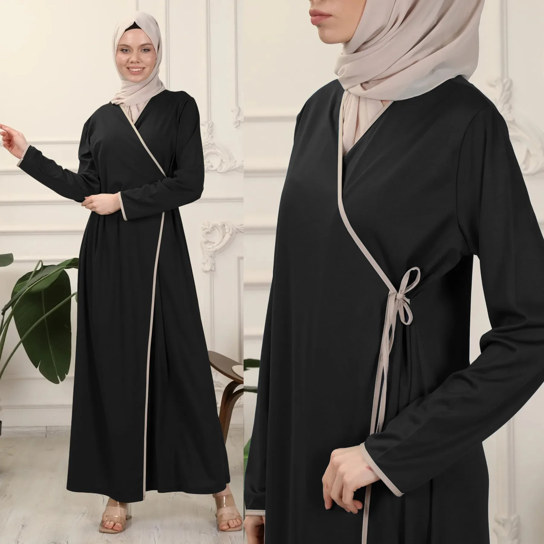 Abaya The New Long-sleeved Casual Dress with Color-blocking and Lace-up Design for Muslim Women's Robes in The Middle East Dubai