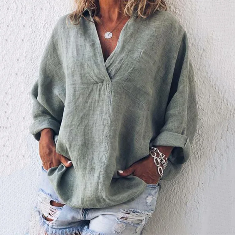 Clothes Plus Size Tops Fashion Women\'s Tunics Deep V-neck Shirts Ladies Long Sleeve Pullover Loose T-shirts Solid Color Blouses