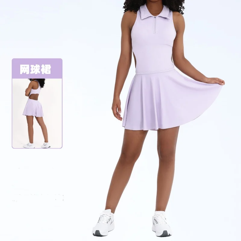 

Summer Women Yoga Half Zipper Polo Neck Sleeveless Solid Color Backless Skirt Sport Fitness Tennis Breathable Anti-emptied Skirt