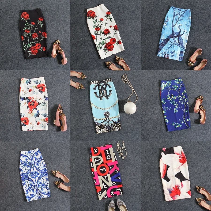 Summer New Rose Flower Sexy High Waist H-Shape Pencil Knee-Length Midi Skirt for Women plus Size Commute Korean Style