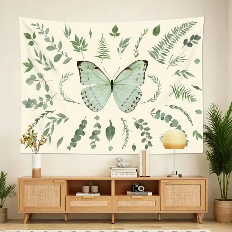 VIKAMA Watercolor Butterfly Eucalyptus Mandala Tapestry, Fresh Green Plants Wall Hanging, Boho Wall Decor for Bedroom Dorm
