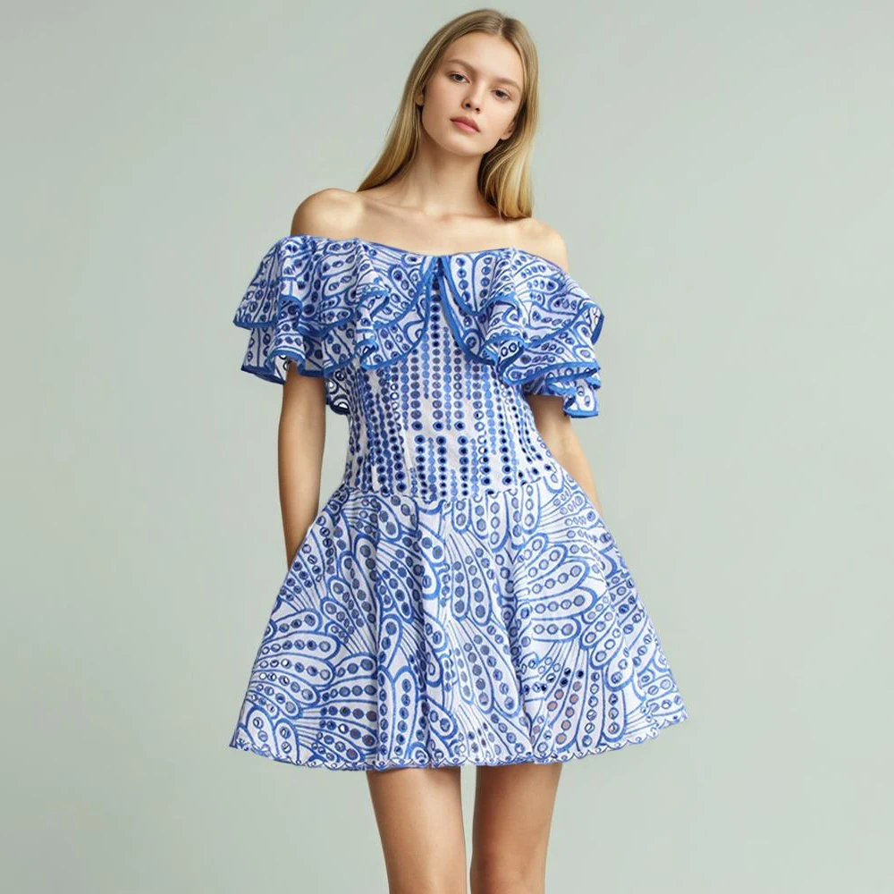 

Embroidery sexy dresses for women strapless short sleeve high waist slim spliced ruffles hit color summer dress female