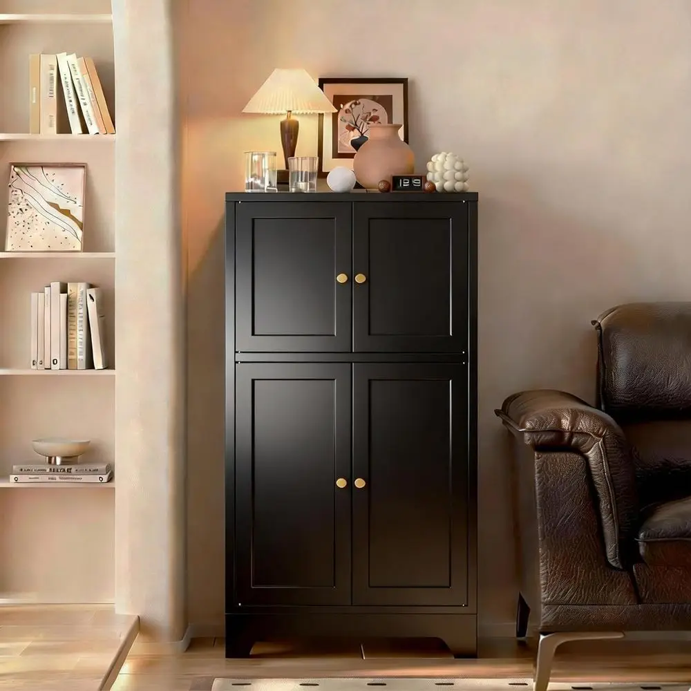 43-Inch Tall Black Compact Kitchen Pantry Cabinet with Metal Storage for Small Food Items