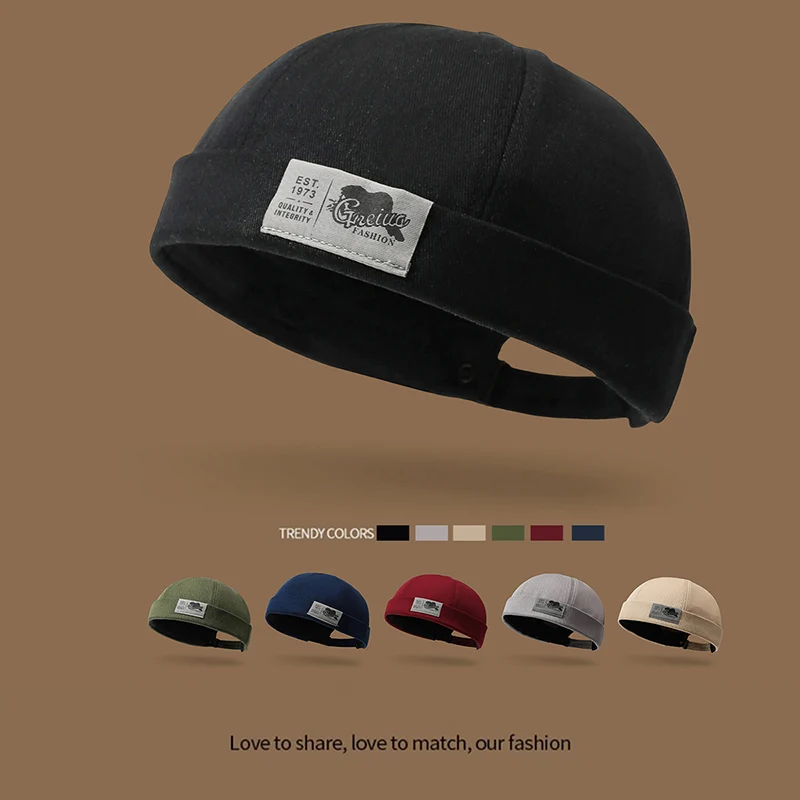 Vintage Fabric Tag Docker Hat Men Solid Color  Brimless Roll Edge Landlord Cap Casual Street Skullcap Multiple Colors Available