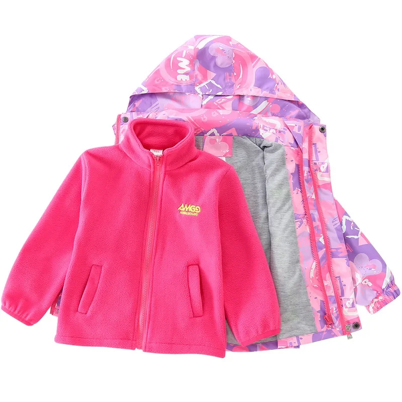 Waterproof Girls Hiking Suit School Kids Detachable Zip Track Jacket+Inner Fleece Coat Top Set Child Outfit Tracksuit 1-12 Years