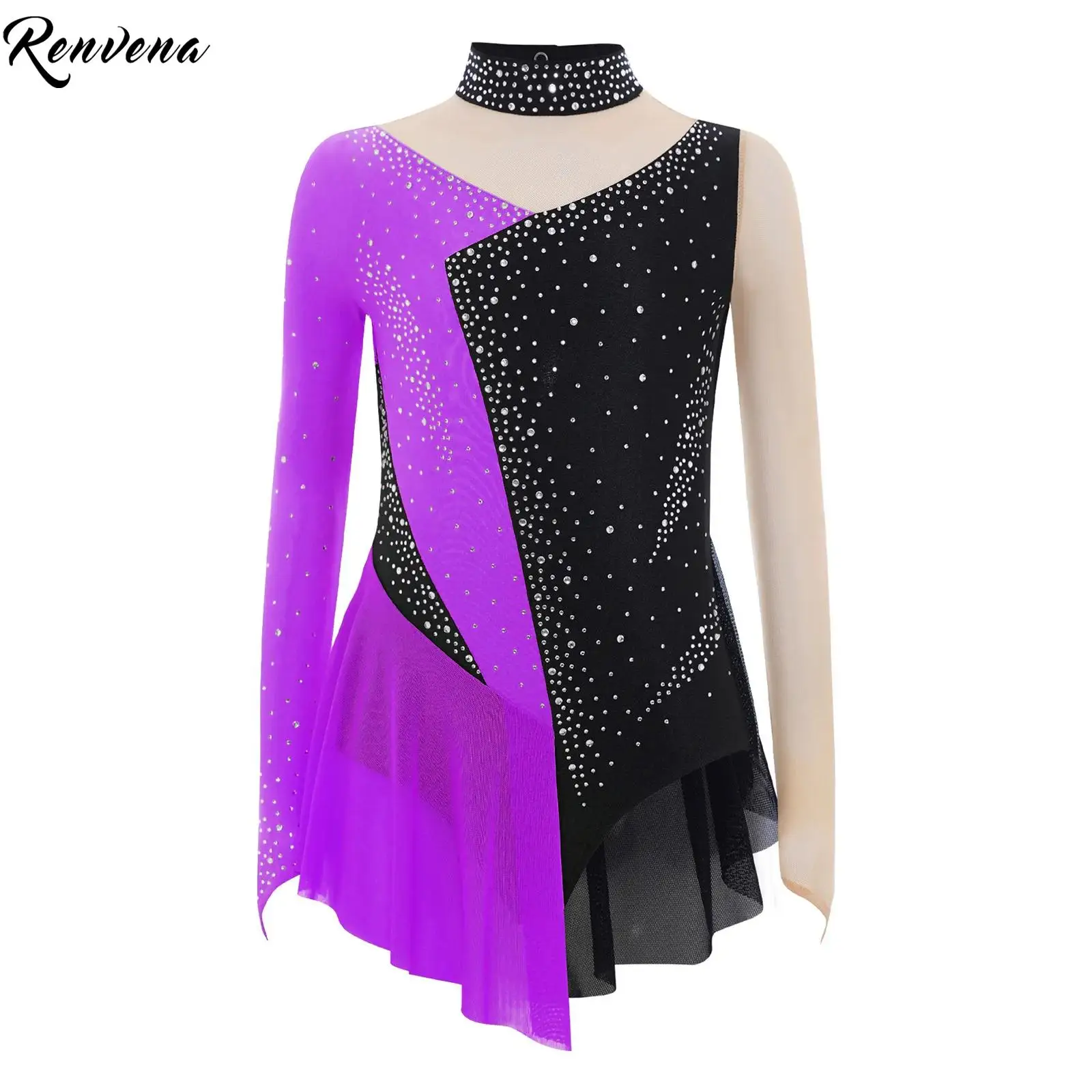 Sukienka do łyżwiarstwa figurowego, baletu, gimnastyki, trykot, sukienka liryczna dla dzieci i dziewcząt, zdobiona cyrkoniami, z blokami kolorów, z przezroczystej siateczki, patchworkowa.