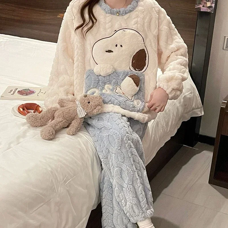 Snoopy Women Pajamas Set Solid Warm 2PCS Sets Thicken Velvet Fleece Set Cartoon Cute Winter Sleepwear Home Suit Loungewear Gifts