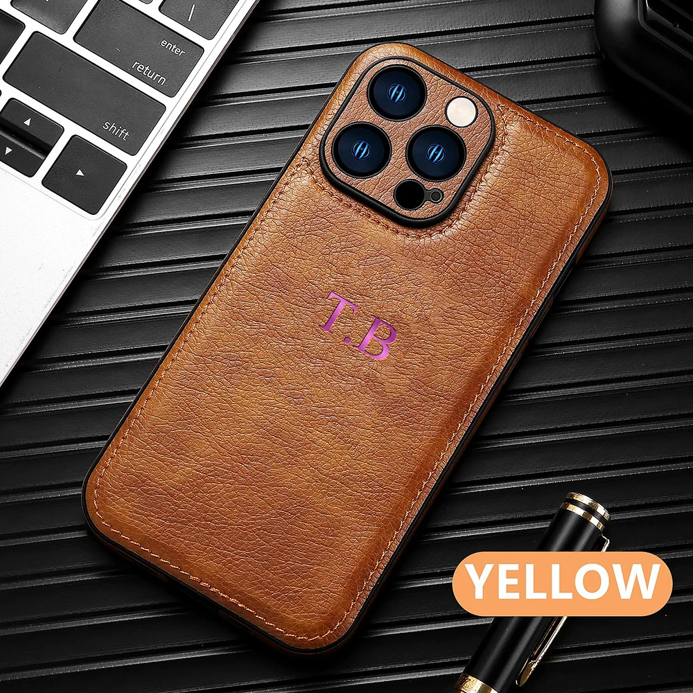 DIY Engraved Personalized Name Classic Leather Case For iPhone 16 15 14 13 12 11 Pro Max Luxury Customized Initials Cover 15 Pro