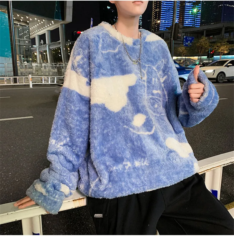 Oversize Sweatshirt Cartoon Cow Print Lamb Hair O-Neck Long Sleeve Man Sweatshirts Korean Fashion Hip Hop Clothes Streetwear