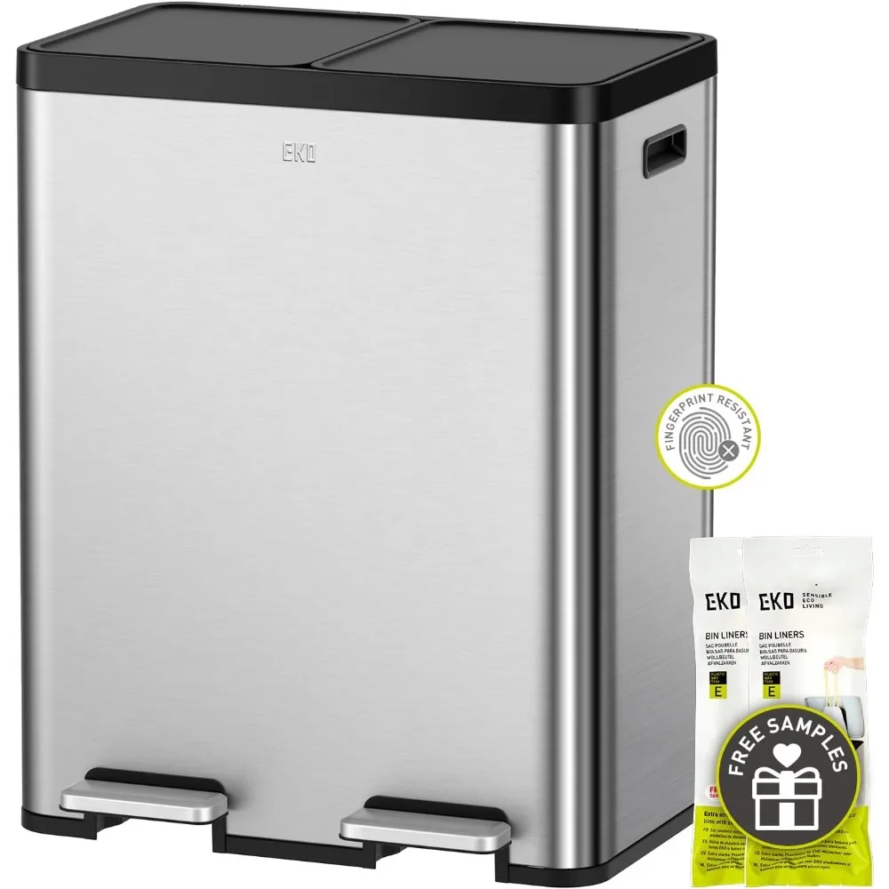 

Двойной мусорный бак Essential объемом 8+8 галлонов, мусорный бак для переработки кухонных шагов с двойным съемным ведром, независимыми крышками и педалями, Br