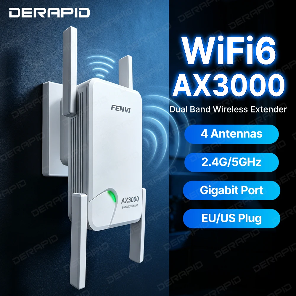 

Усилитель сигнала Wi-Fi 6 AX3000, двухдиапазонный (5G/2.4G) гигабитный ретранслятор дальнего действия, с функцией WPS для простой настройки